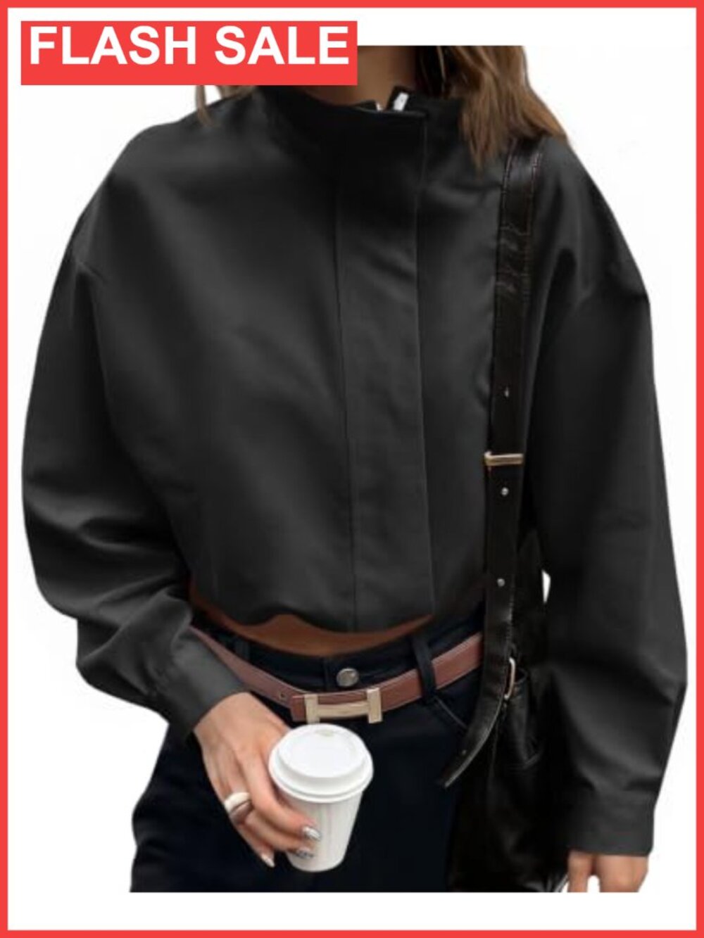 Tankaneo Womens Zip Up Cropped Jacket Stand Collar Lightweight Casual